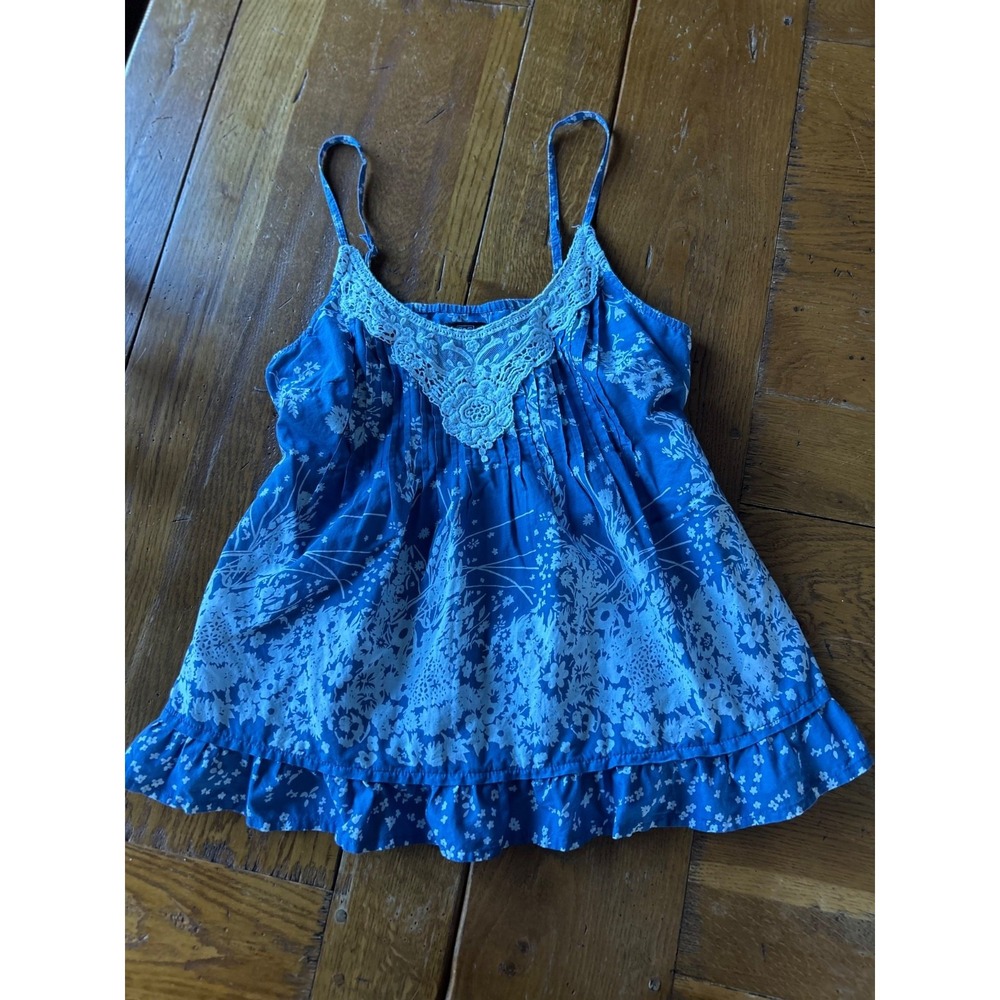 Embroidered Blue & White Tank Camisole Floral Ruffles Blouse F&F UK 12